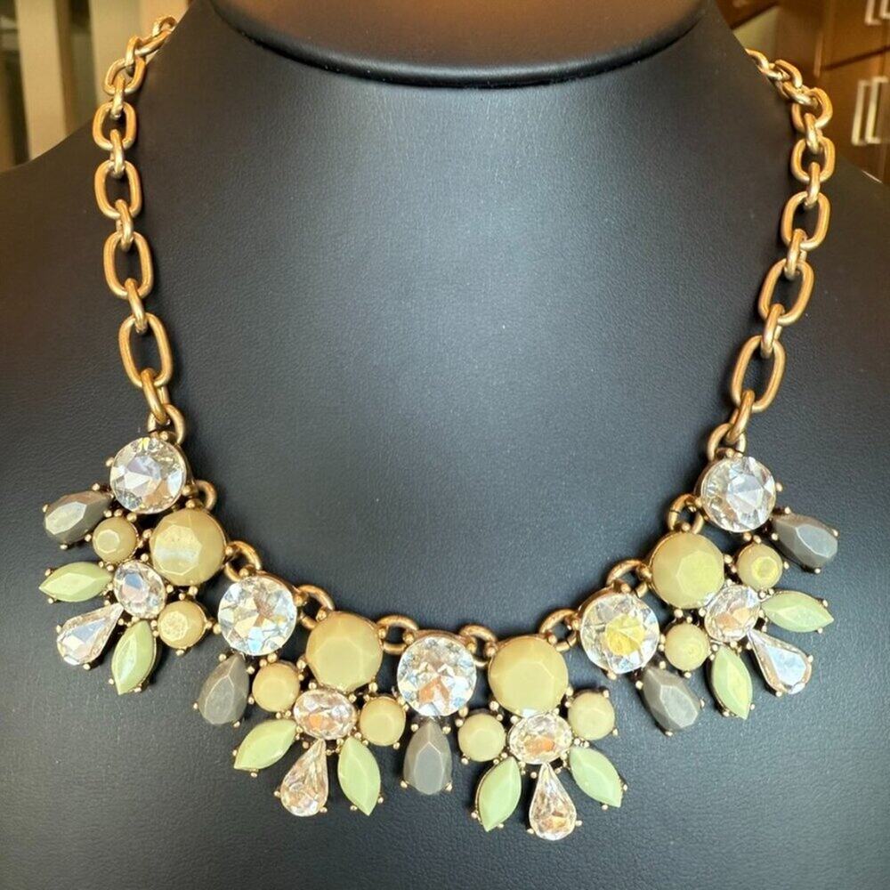 J.Crew Rhinestone Flowerburst Blossom Statement Necklace Mint Sage Gray Gold